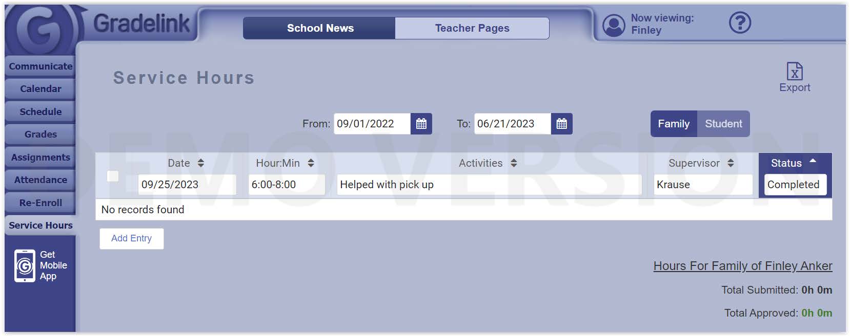 You can select Family or Student to place your service hours. Please note that a running total will be kept jointly.