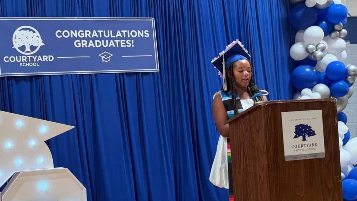 A student speaking at graduation - where Courtyard students go next